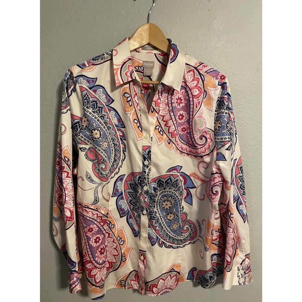 Chicos Womens No Iron Top Size 3 US 18 Paisley Button Up Long Sleeve Artsy Boho